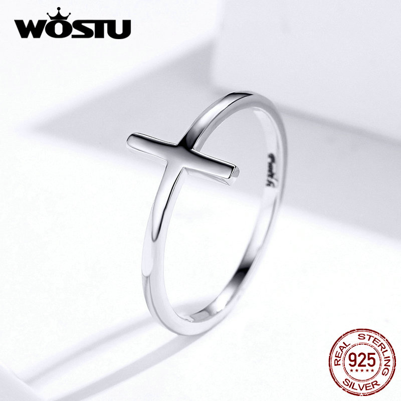 Wostu 100% 925 Sterling Silver Cross Ring Vinger Voor Vrouwen Minnaar Trouwringen Echt Luxe Sieraden CQR562