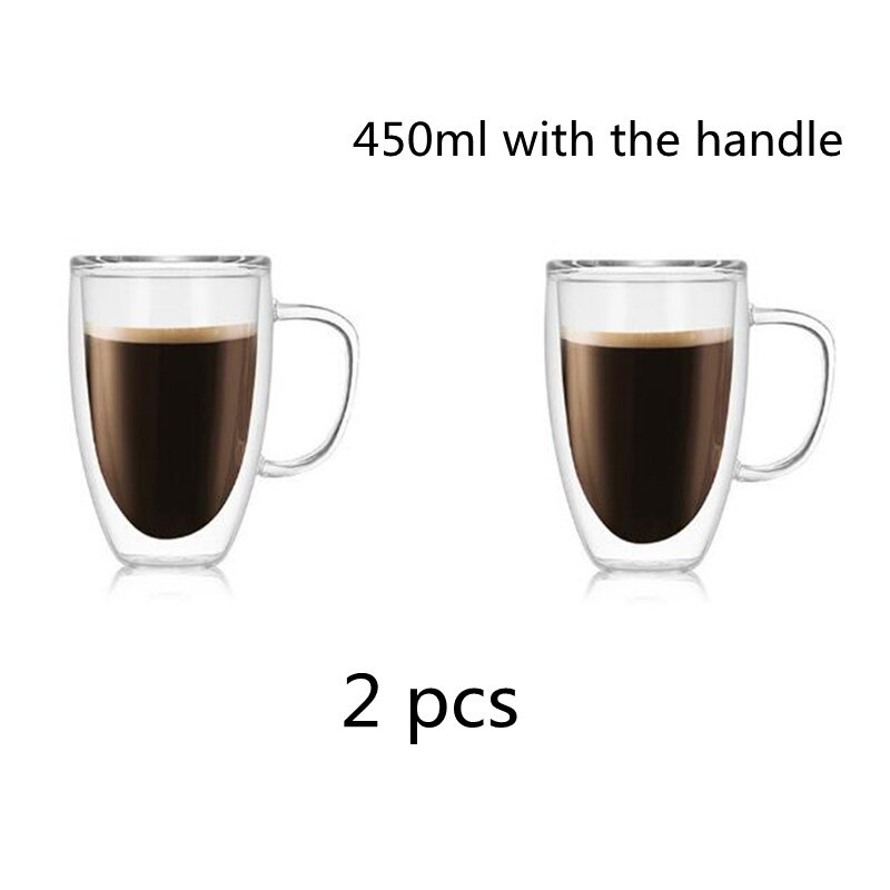 Dobbeltvegget Glasskopp Sett 80-450ml - Håndlaget Te, espresso Krus - Gjennomsiktig: 2 stk -450ml håndtak