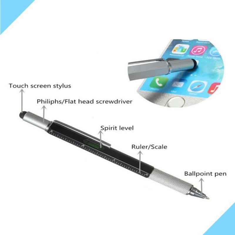 1 Stks/partij Tool Multi Functie Pen Schroevendraaier Heerser Waterpas Met Een Top En Schaal Balpen 6 In 1 Metalen Pen
