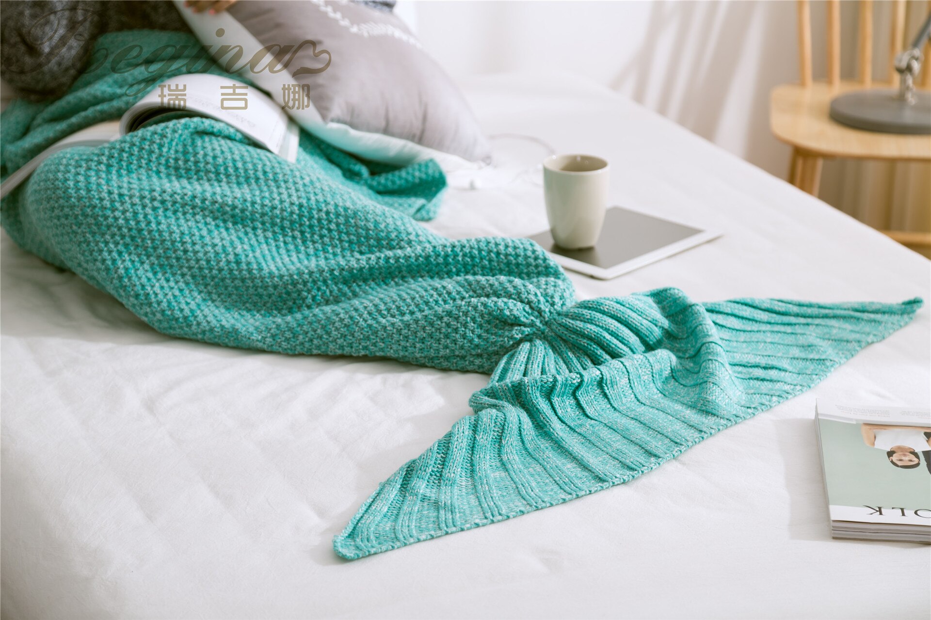 Manta de cola de sirena hilo de punto de ganchillo hecho a mano Memaid manta de los niños a la cama de Super sueño reparador cama: green / 70x140cm