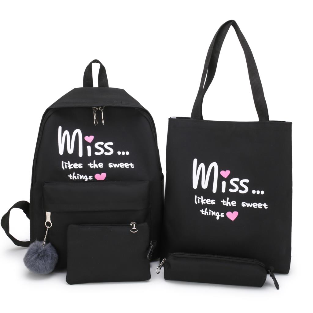 4 pçs/set Escola Mulheres Mochilas Estudante Livro Saco de Nylon Mochila Para Adolescentes Meninas Meninos Pacotes De Viagem: Black