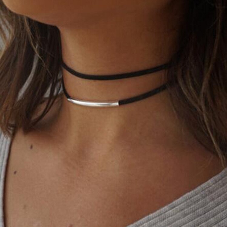 Mode Buigen Buis Fluwelen Choker Ketting Double Layer Stijl Koppel Zwarte Korte Lederen Ketting Charm Collier Femme: Silver