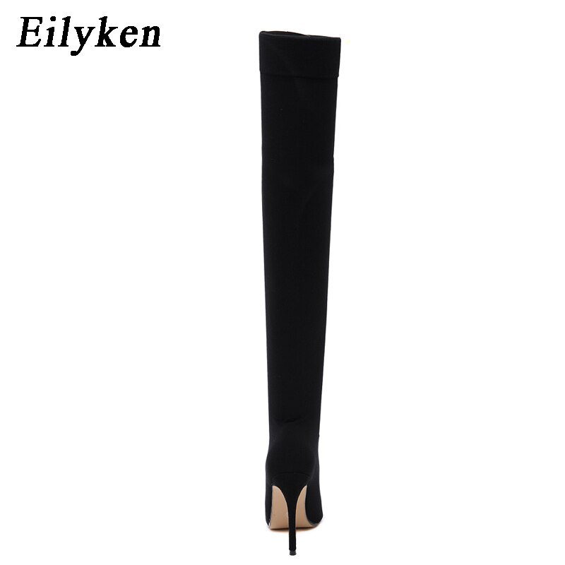 Eilyken Zwarte Vrouwen Dij Hoge Laarzen Mode Elastische Slanke Hoge Hakken Over De Knie Laarzen Sexy Skinny Lange Sok Laarzen schoenen