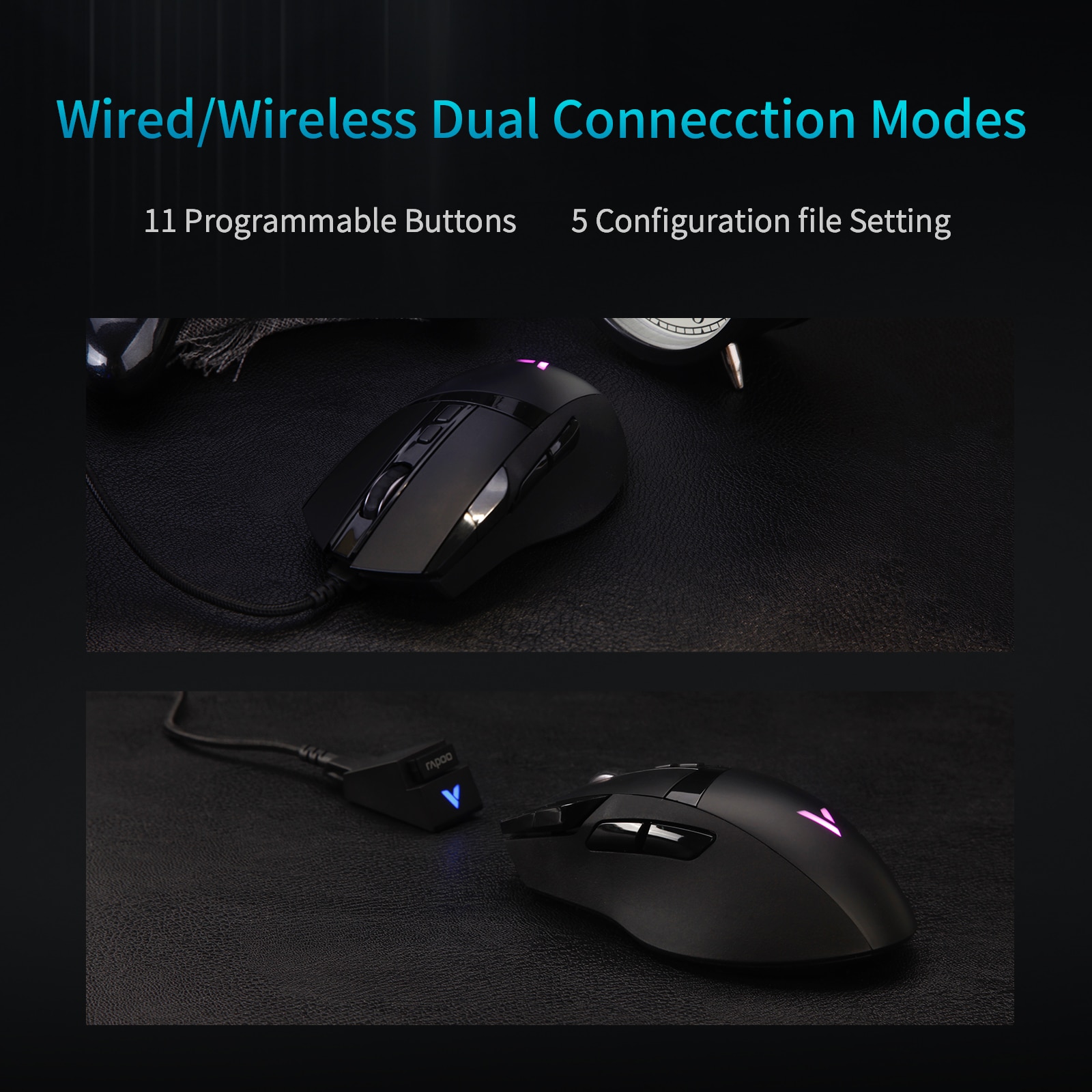 RAPOO VT350 Gamer Mouse Dual Mode Wired/Wireless Gaming Mouse Rechargeable Ergonomic 11 Programmable Button RGB Backlight