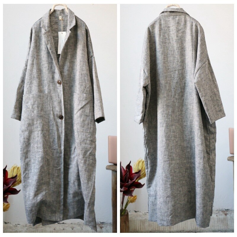 Johnature Women Linen Vintage Trench Coats Loose Turn-down Collar Windbreaker Autumn Gray Plus Size Women Clothes Trench: Default Title