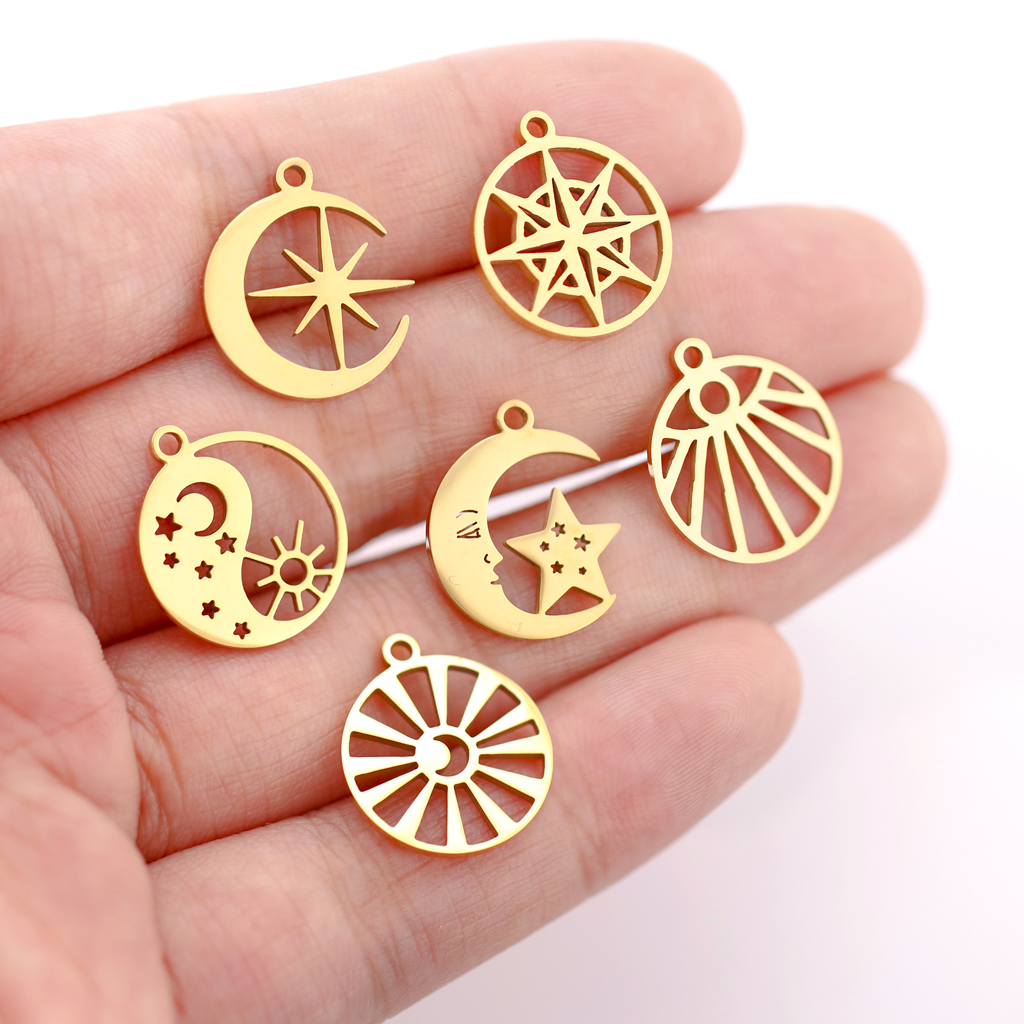 5 unids/lote de colgantes de acero inoxidable con forma de luna/sol/estrella para pulsera, collar, accesorios para hacer joyas DIY hechos a mano