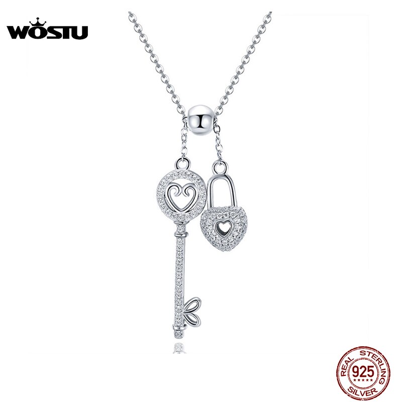 WOSTU Luxury 925 Sterling Silver The Key of Heart Lock Pendant Necklace For Women Girlfriend Wife Jewelry CQN290