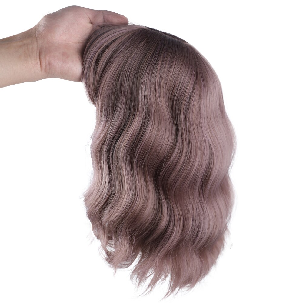 MODERN QUEEN 12" Short Water Wave Wig with Bangs Mix Grey Synthetic Wigs for Women Brown Cosplay Bob Wigs Female Daily Party