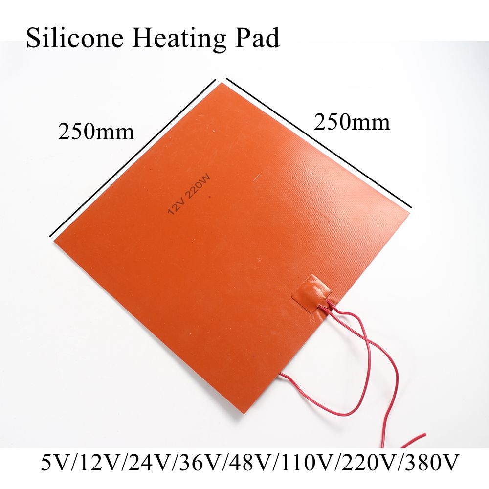250 x 250mm 5v 12v 24v 36v 48v 110v 220v 380v siliconen verwarmingsmat, rubberen verwarmingsmat, verwarmde bedplaat, flexibel, waterdicht, 3d printers