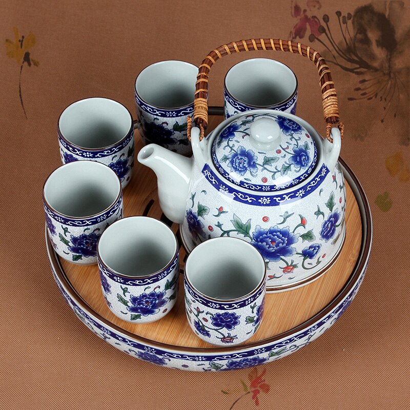 Kinesisk stil jingdezhen keramisk tekanna tekopp stor blå blomma porslinskanna filtrerad teflaska set hem te träbricka