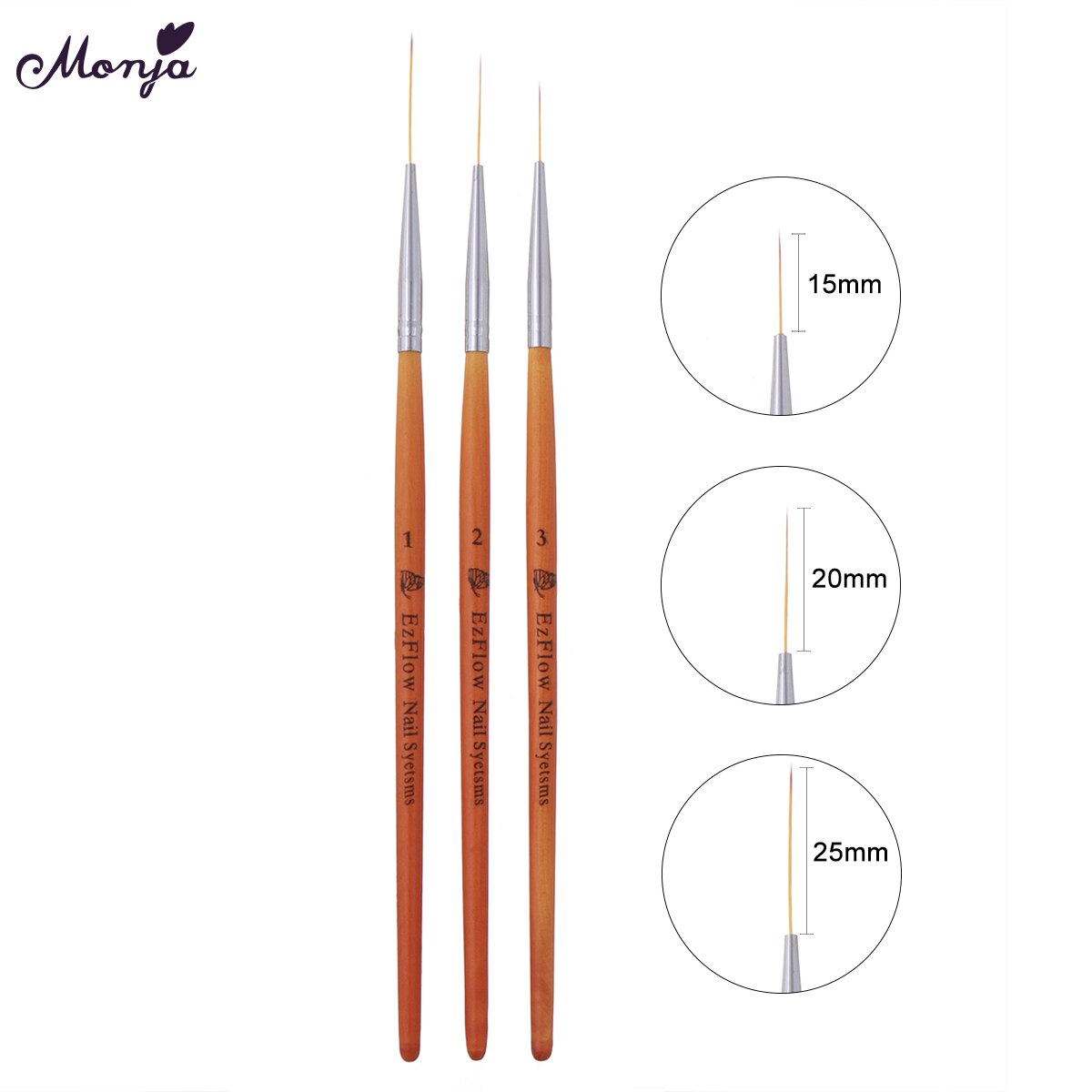 Monja 15/20/25Mm 3Pcs Nail Art Houten Handvat Franse Schilderen Borstel Lijnen Liner Bloem Rooster afbeelding Diy Tekening Pen Manicure Tool