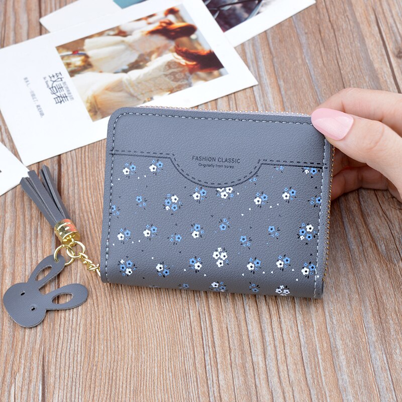 nueva cartera de mujer cartera corta de piel cremallera tarjeta con borla bolso Estudiante Coreano pequeña cartera Floral: Gris