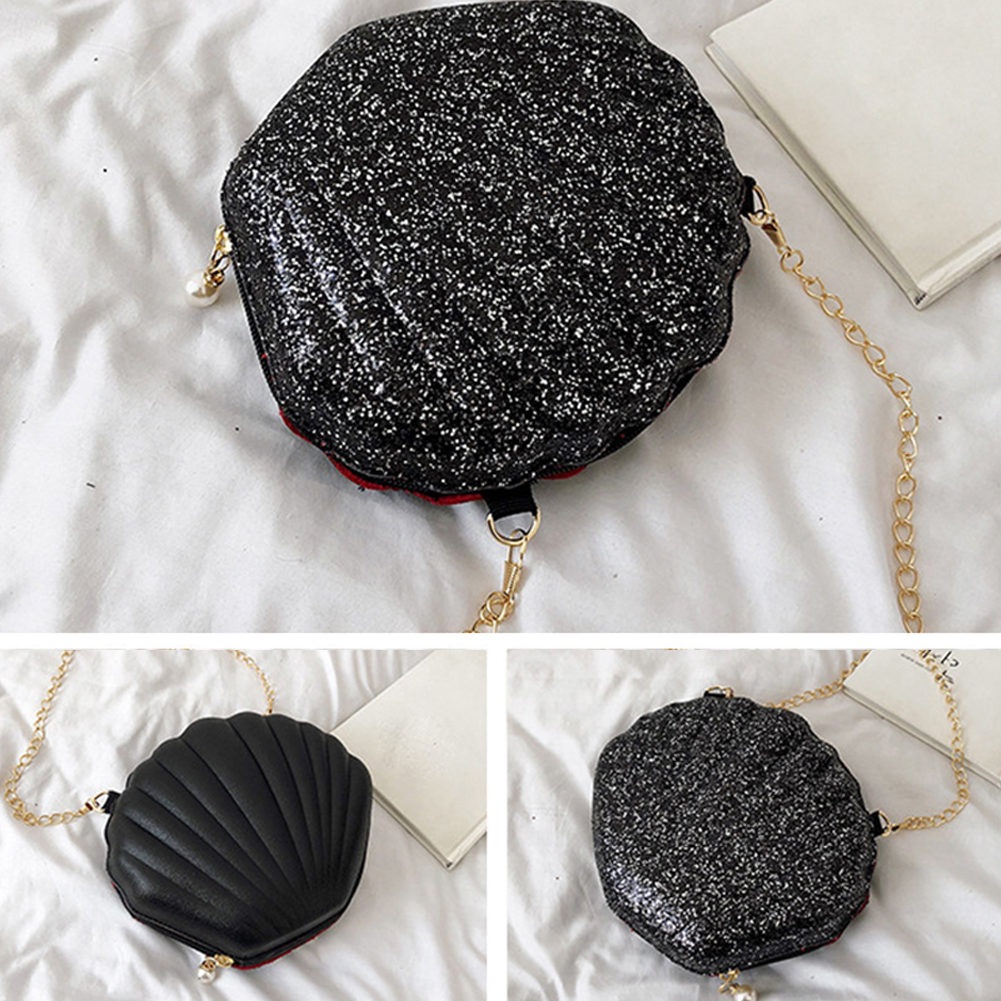 Kvinner budbringer shopping mini skulder søt crossbody bag fest metall kjede skallformet glidelås lukking paljetter