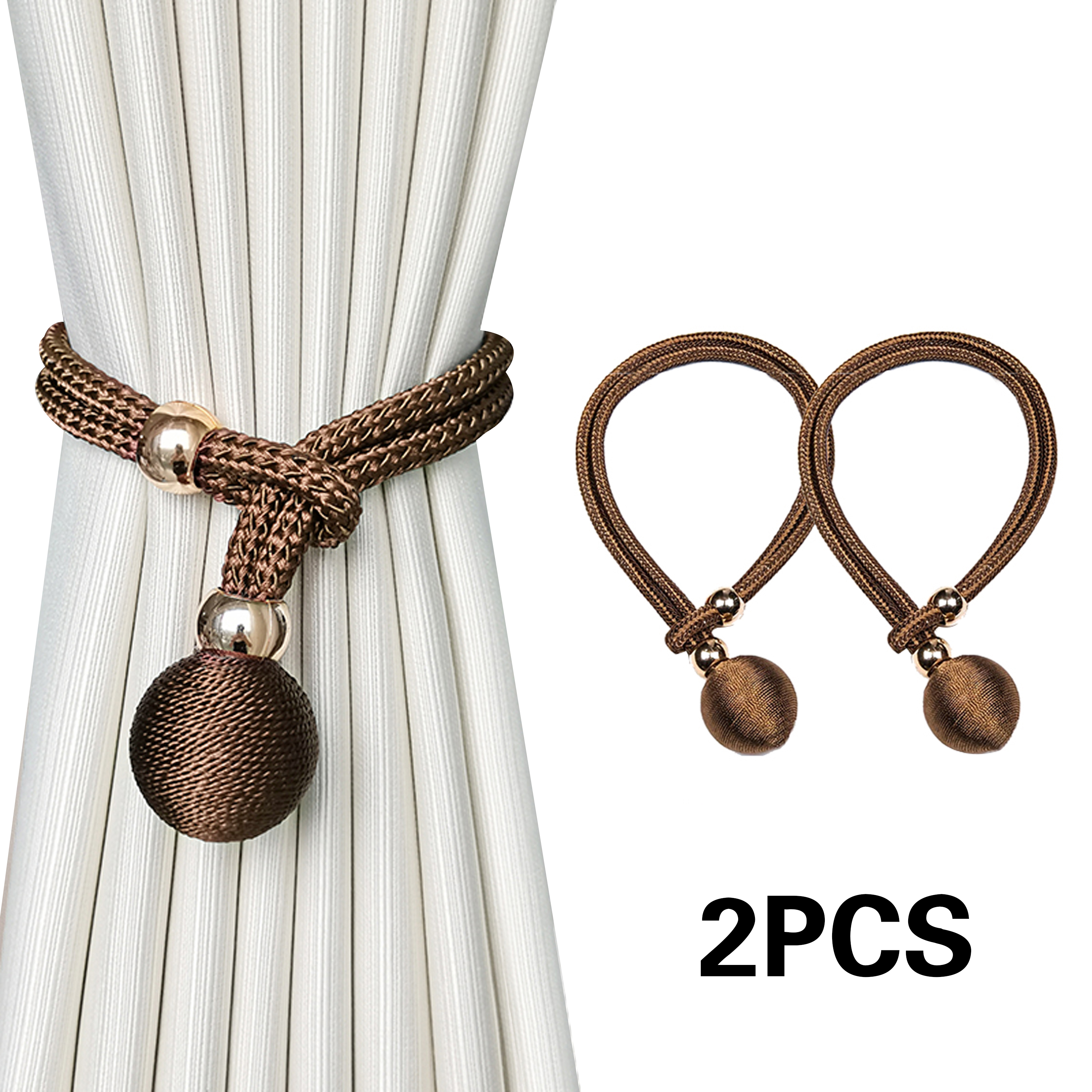 Bridas para cortinas de bolas francesas de lujo ajustables, duraderas, fáciles de instalar, sin necesidad de perforación, para dormitorio y sala de estar, 2 uds.: Castaño