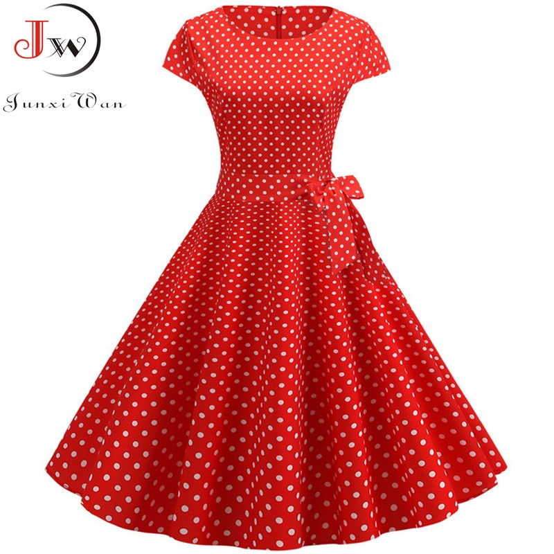 Vestido de verano de lunares negros Retro para mujer, Túnica de mujer, vestido de Vintage de los años 50 y 60, vestido de de Rockabilly de talla grande