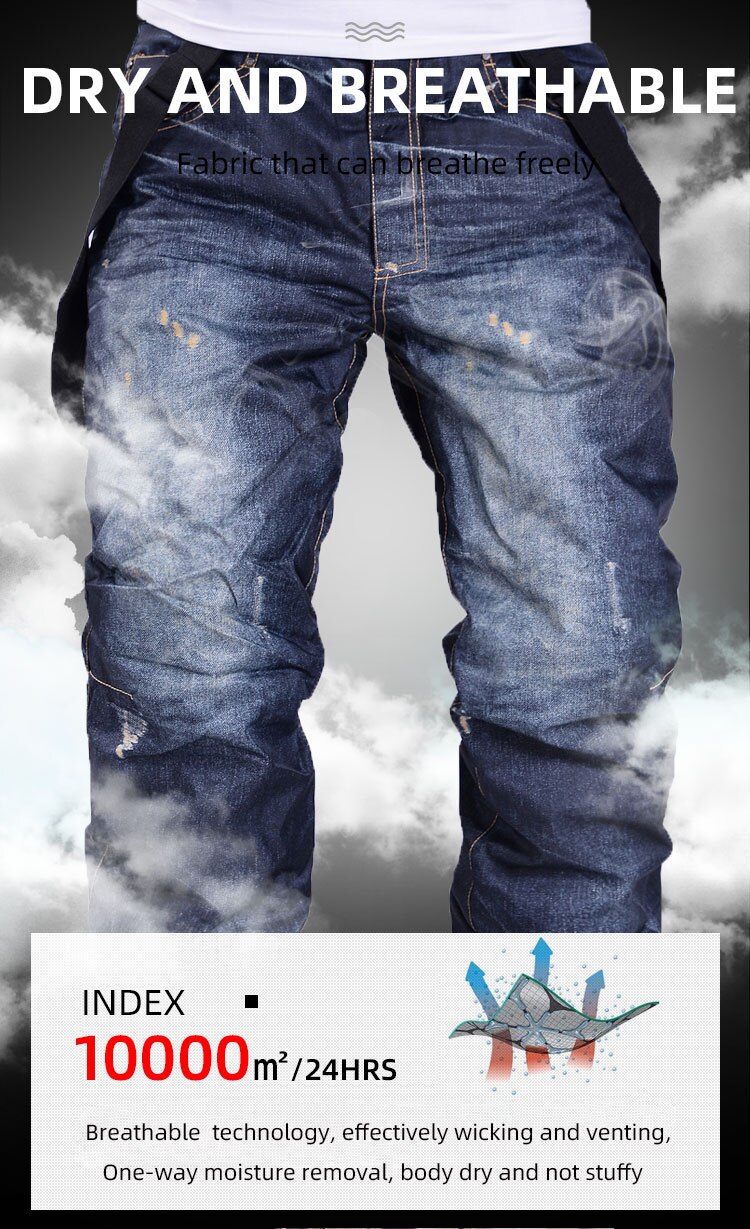 Winter Jean Snowboard Pants Men Suspenders Denim Ski Pants Skate Snow Board Thermal Windproof Waterproof Skiing Trouser
