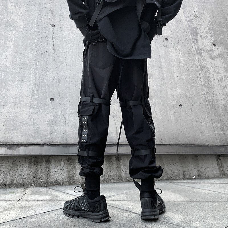Pantalones góticos punk rock para hombre, ropa de calle con remaches de cuero, color negro