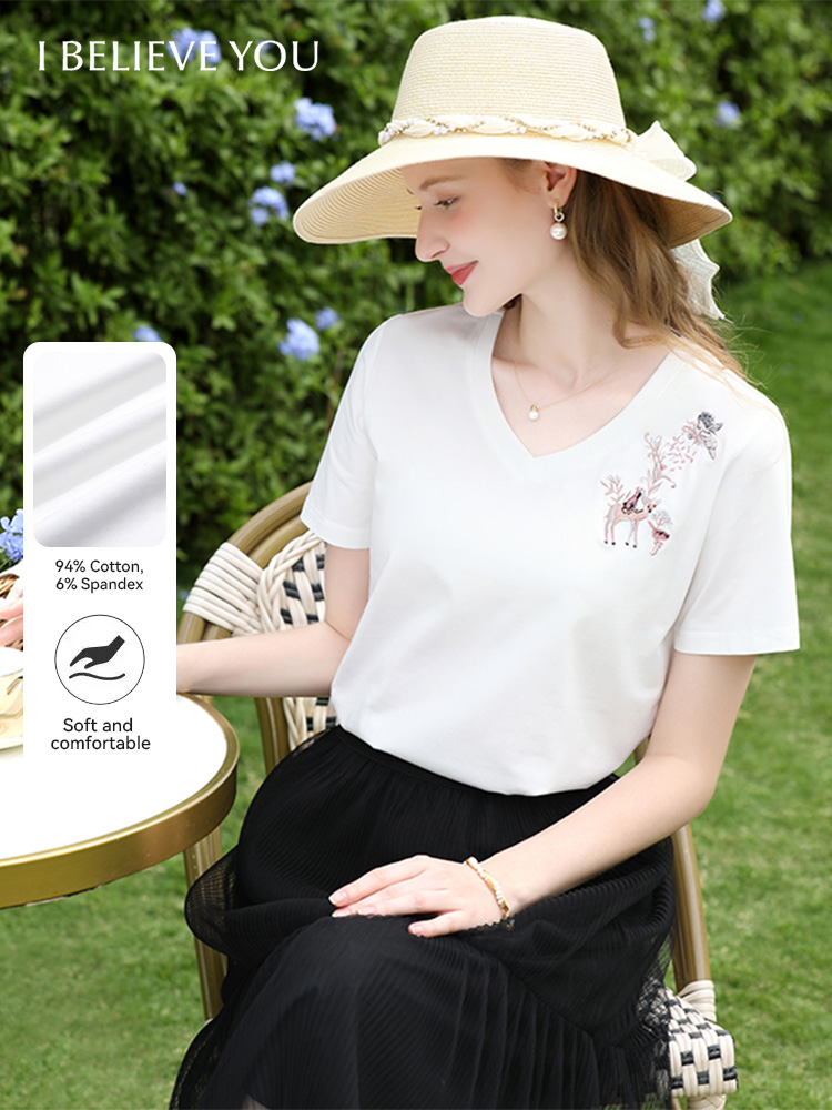 Jag tror att du broderad v-ringad t-shirt för kvinnor sommar kortärmad coola bomullströjor ventilerande avslappnade toppar 2251016012