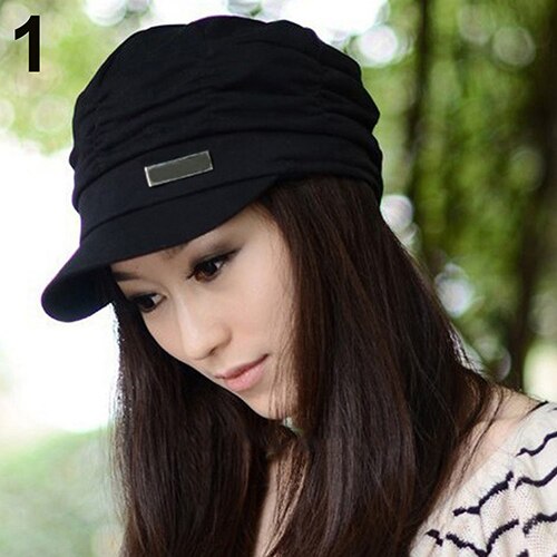 Women Pleated Peaked Cap Hat Casual s Travel Sunhat: Black