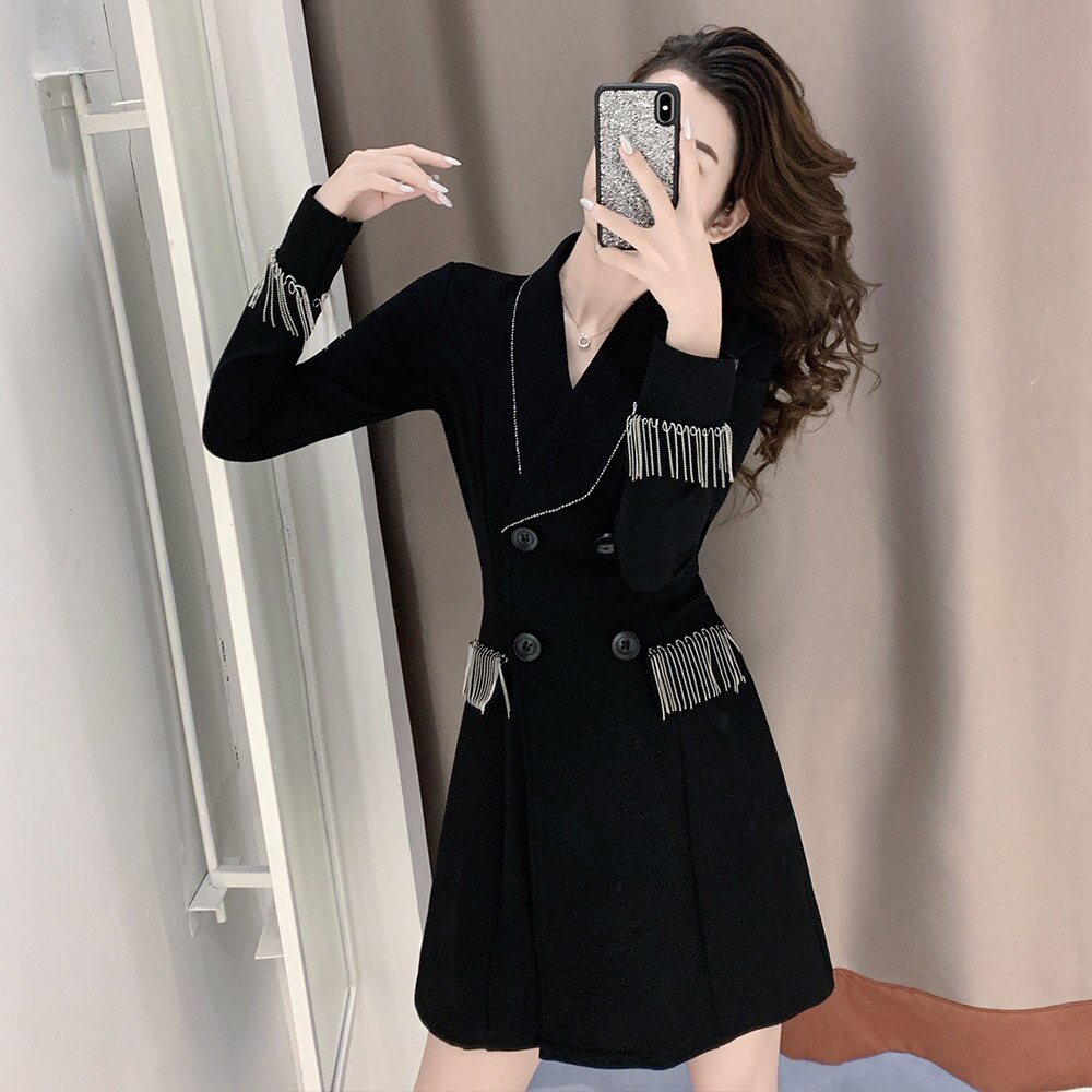 Blazerjurk herfst dubbelrijs lange mouw britse stijl trenchcoat dames kantoor dame kwast ketting deco effen bovenkleding