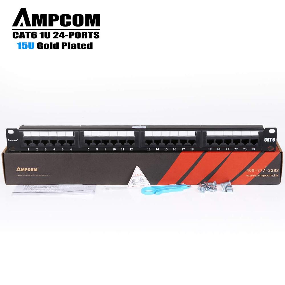 AMPCOM Premium Series CAT6 Patch Panel,15μ Gold Plated,1U 24-Port Rackmount or Wallmount Punch Down Patch Panel