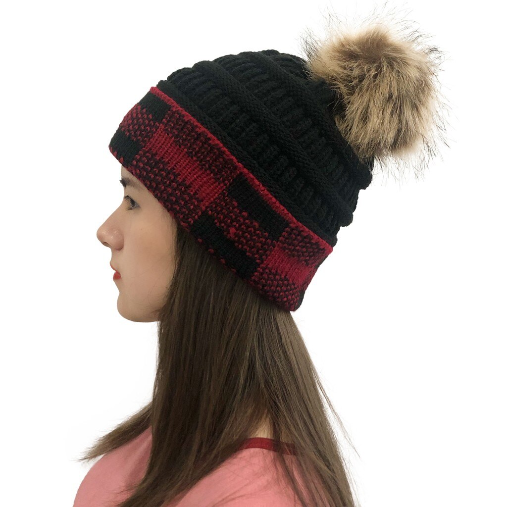 Kvinder vinter hat afslappet plaid hatte syning udendørs plys hatte hæklet strik beanie hat vinter hatte til mænd bjergbestigning hat: D