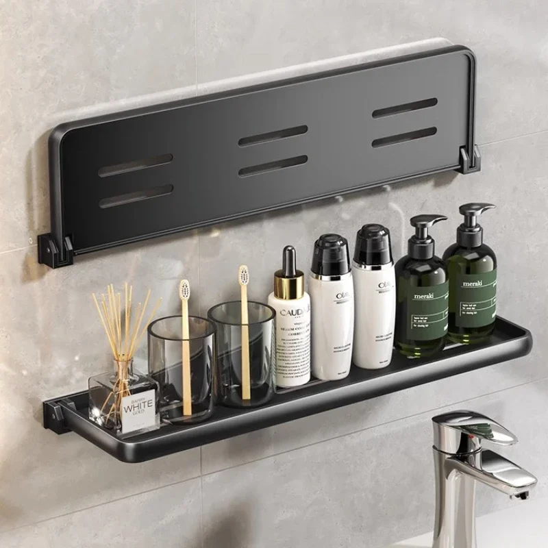 Estante de tocador plegable de aluminio, 90 grados, impermeable, colgante, organizador de artículos de tocador, productos para el hogar, sin perforaciones