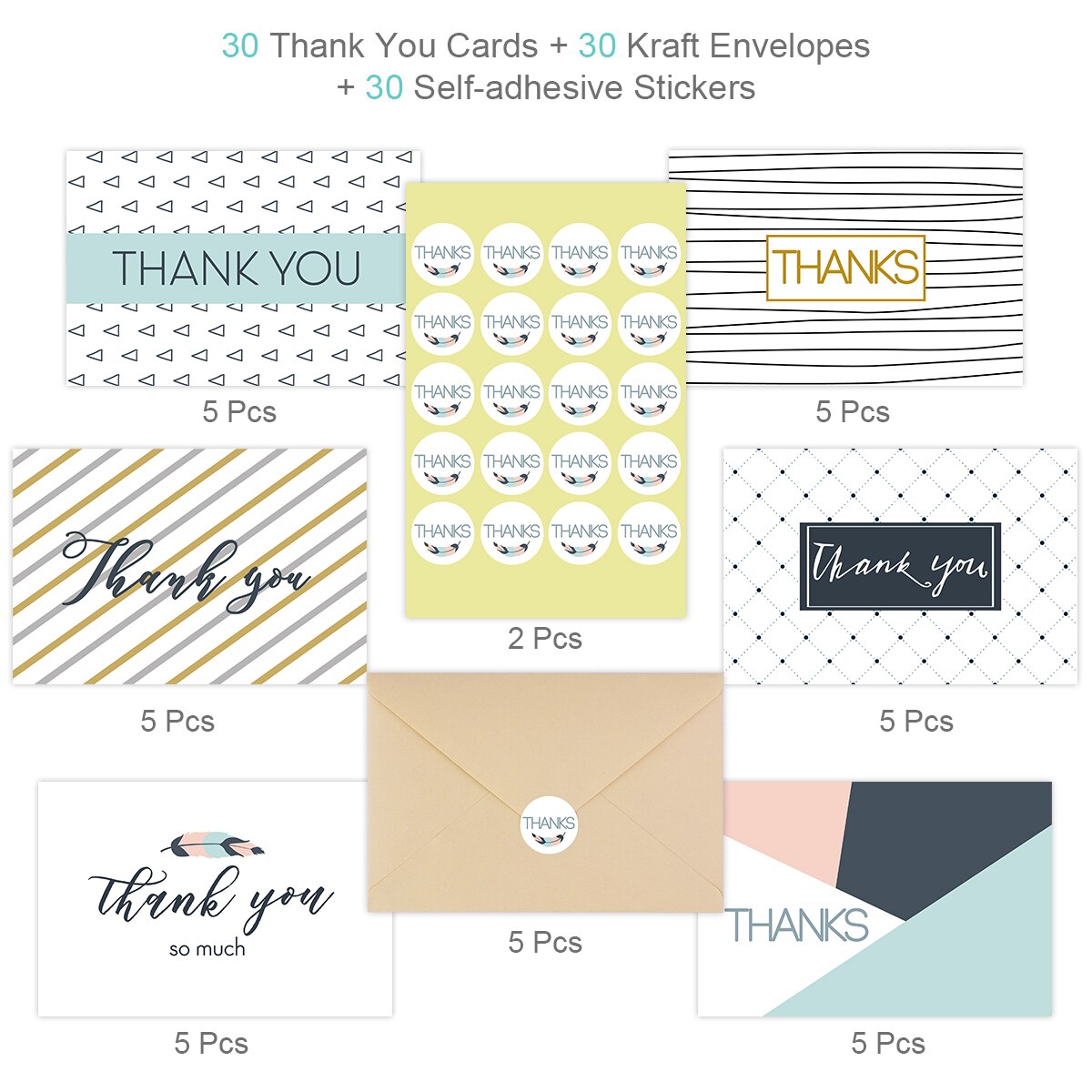 30PCS Thank You Cards Set Greeting Cards Notes With Kraft Envelopes And Stickers All-Occasion Thank You Notecard Set