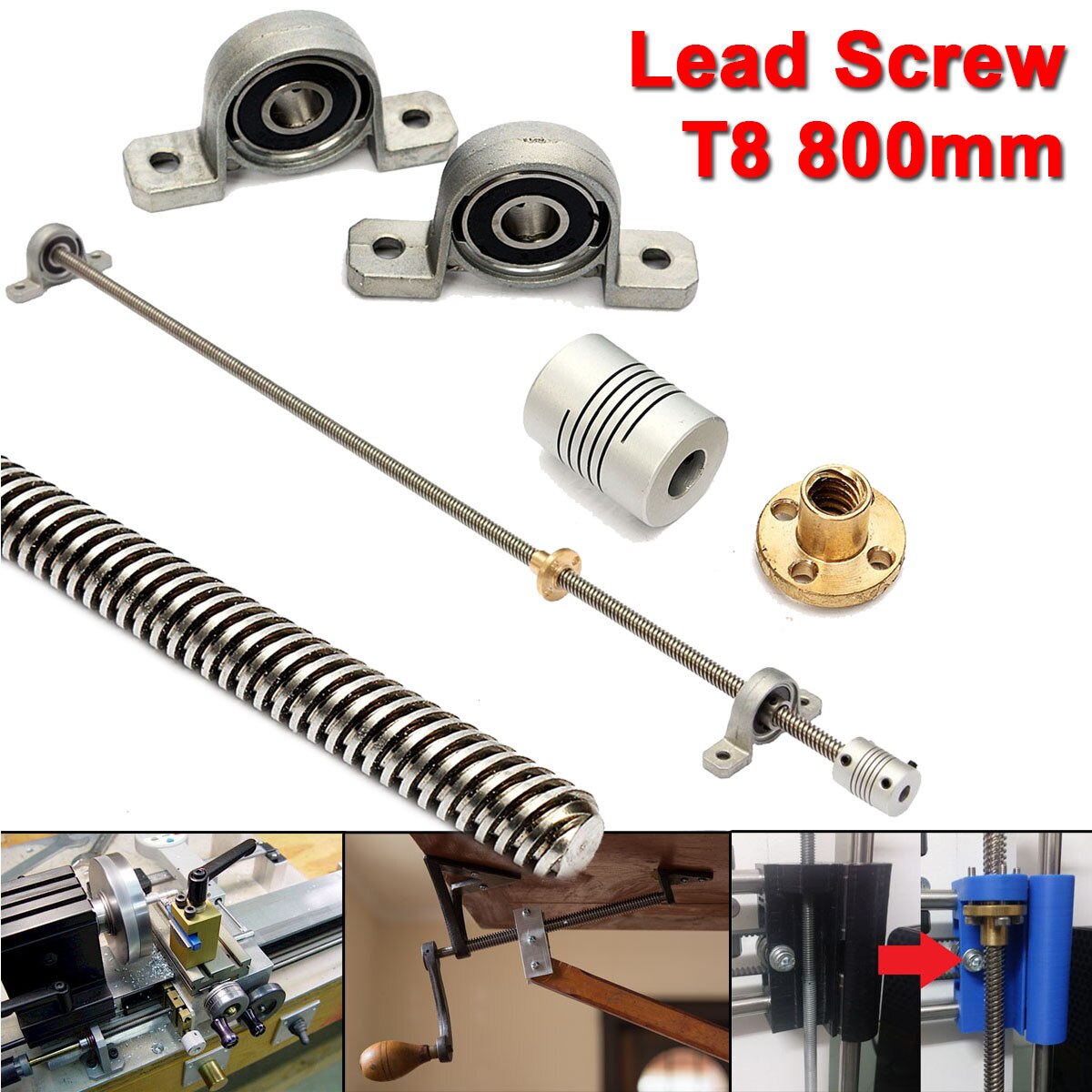 3D Printer T8 Trapezoidal Lead Screw Rod W/ Nut Coupling Shaft Bearing Mount Set