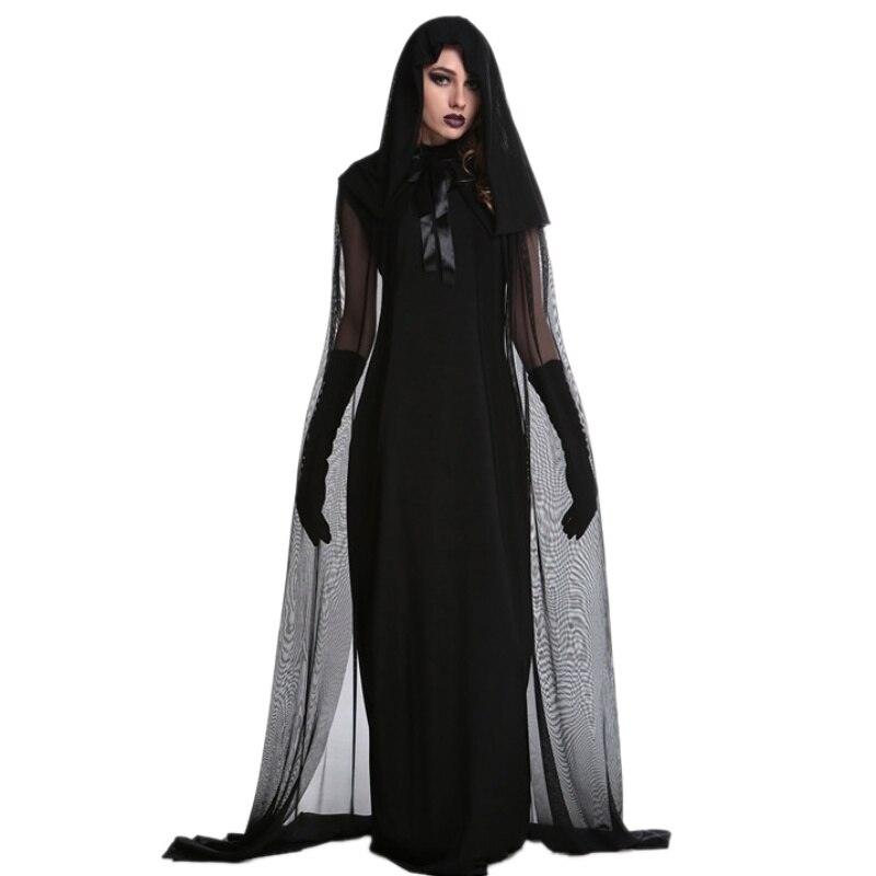 Femme Halloween sorcière grande taille robe longue Costume automne hiver robes noires avec chapeau et gants 1 set Vcqy