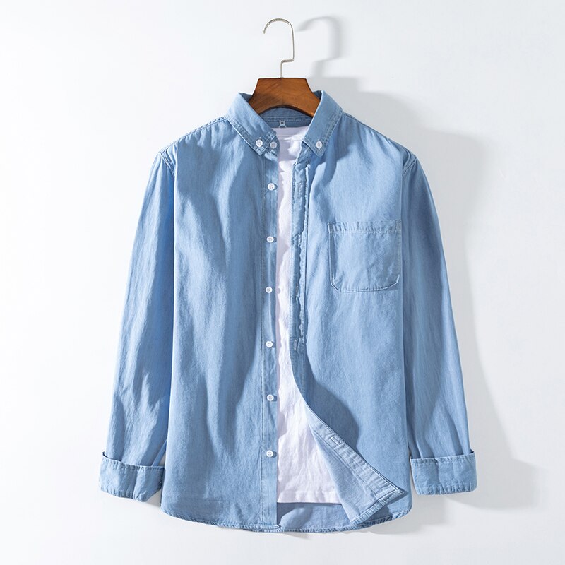 Spring Autumn Men's Long-sleeved Denim Shirt 100% Cotton Thin Solid Color Denim Clothing Summer Casual Jackets Tops: Sky Blue / XXL