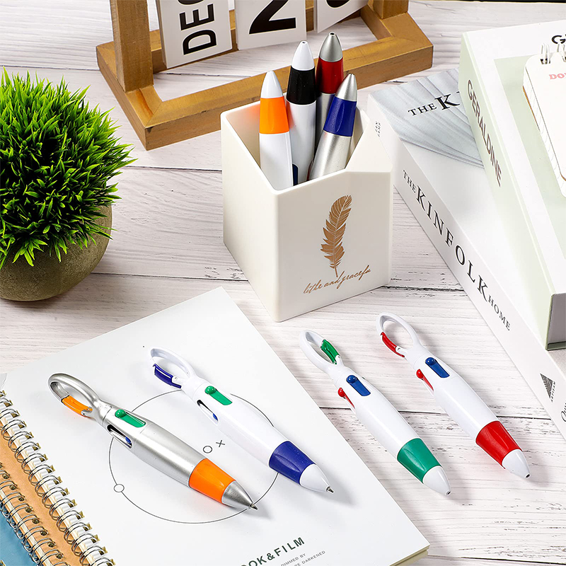 24 Pcs Retractable Shuttle Pens with Carabiner Clip 4-in-1 Ballpoint Pens Multicolor Pens with Buckle Keychain on Top