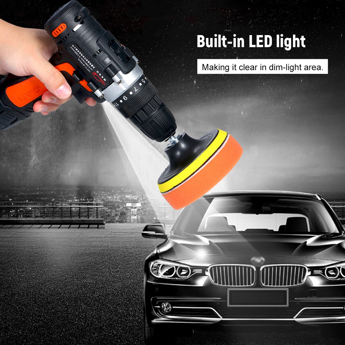 12V Cordless Drill/Driver Kit 1400rpm Variable Speed Polisher Car Buffer Waxer Set Power Screwdriver with 5 Bits 1 Polishing Pad