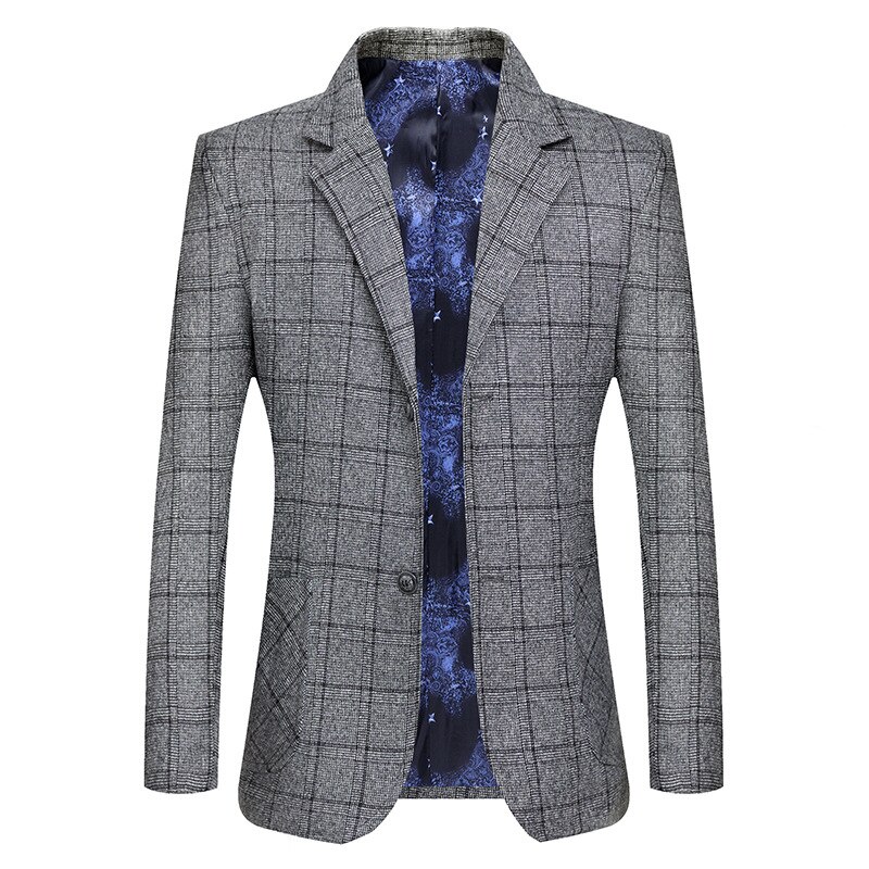 Brand Men's Business Casual Blazer Jacket Slim Gray Plaid Business Dress Suit Coats Male Formal Work Party Clothing: Gray / Asia M