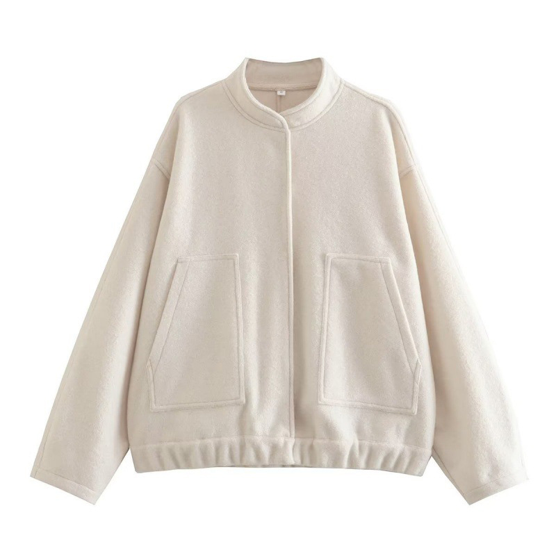 Bkld afslappet stil kvinders lyserøde fleece tykke varme jakker enkle standkrave lange ærmer lommer løstsiddende frakker: L / Beige