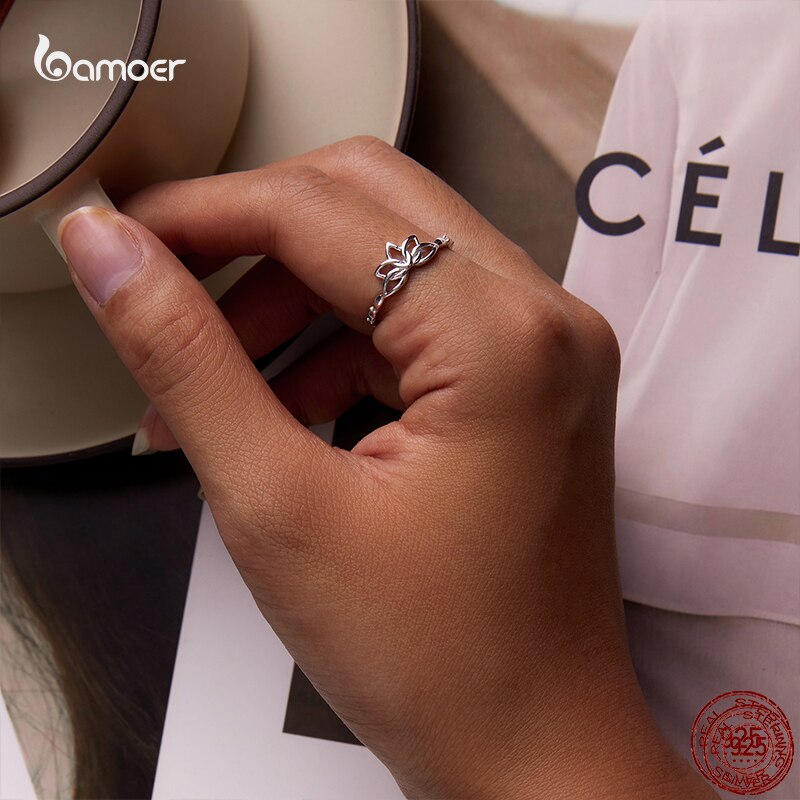 Bamoer Zomer Verse Lotus 925 Zilveren Ring Voor Vrouwen 100% 925 Sterling Zilver Elegante Bloem Ring Trendy All-Match sieraden GAR018