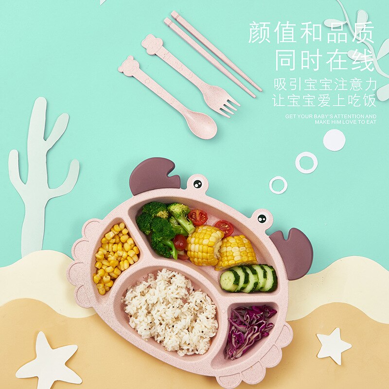 Cute children's tableware crab shape dinner plate set with divided grid thickened anti-scalding baby eating plate