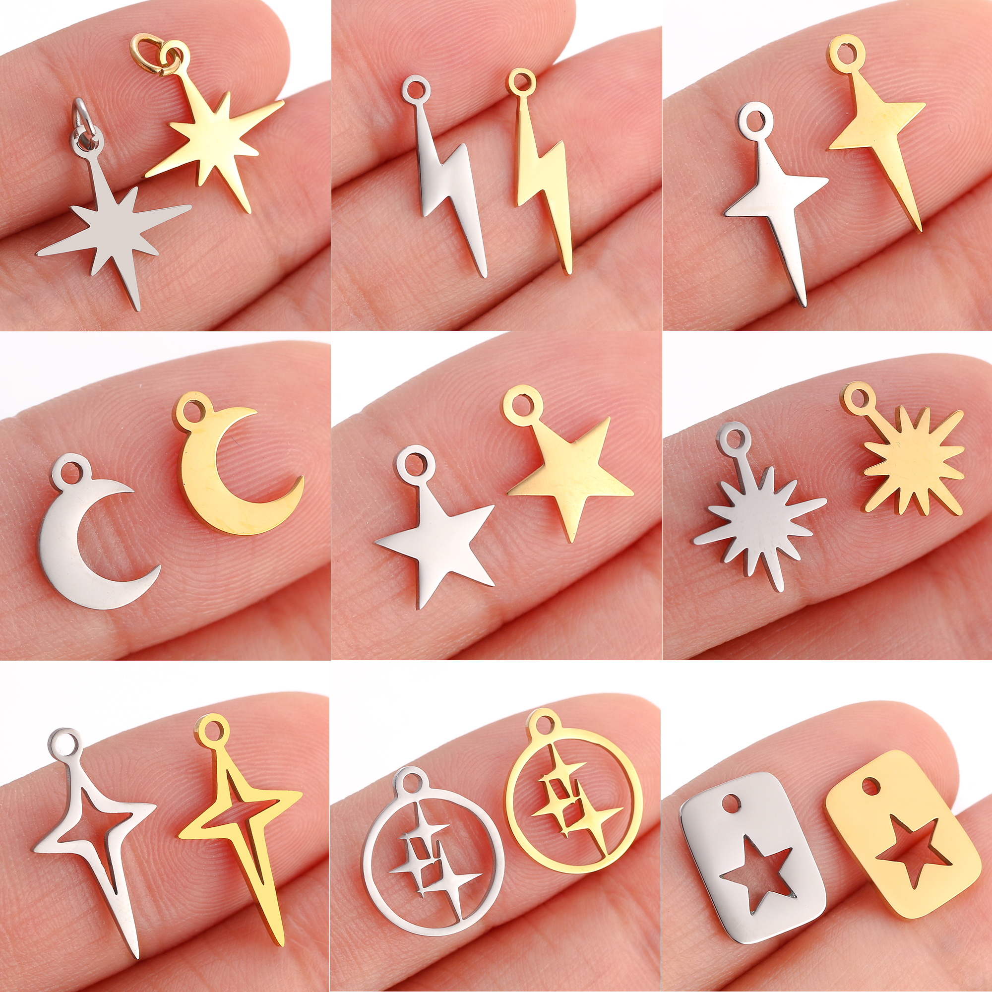 Lote de 5 unidades de Mini dijes de estrella Celestial, colgante de pentagrama/estral/Meteor/luna de acero inoxidable DIY para pendientes, pulseras, fabricación de joyas