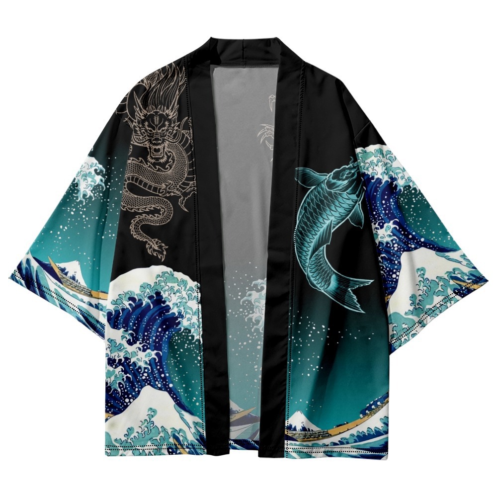 Herre sommer grøn bølget karpemønster kimono cardigan dame japansk traditionelt tøj plus size trykt strandfrakke: Xl / Grøn