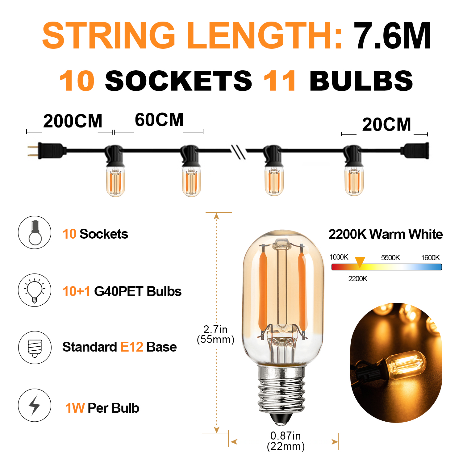 Amber T22 1W String Lights Led 220V 110V Garland Street Light Bulb E12 Waterproof Connectable Outdoor Garden Wedding Decoration: Blue / US PLUG