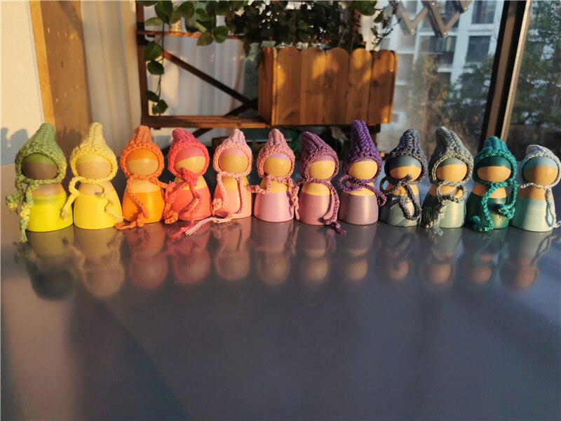 6/12 stücke Häkeln Holz Regenbogen Puppen in Beanies für Pastell Stapelbar Blöcke Holz Natürliche Puppe in Stricken Hut montessori Spielzeug: pastel random 6