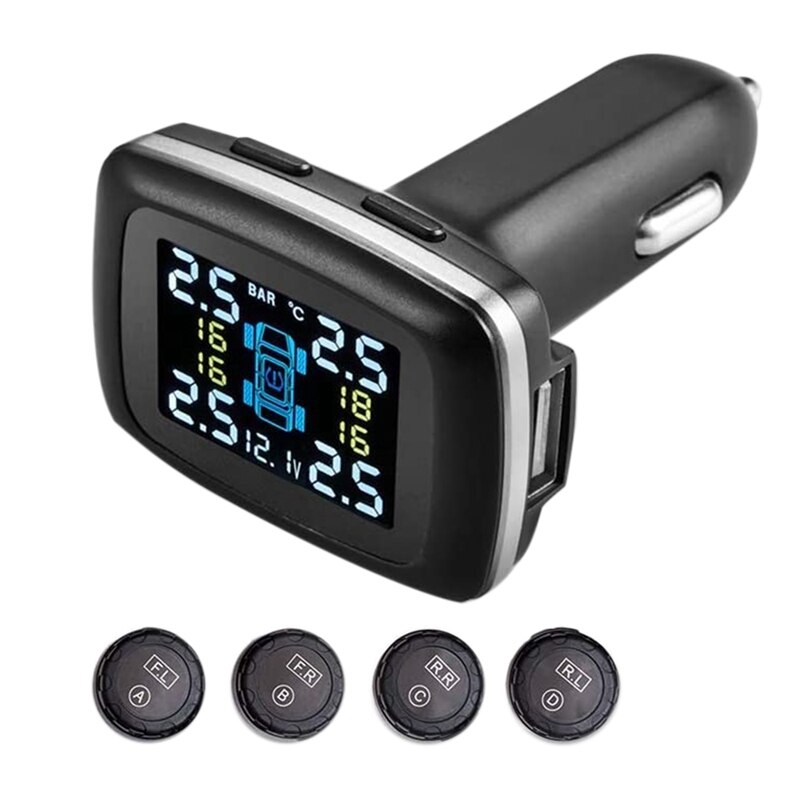 Bandenspanning Sensor, Auto TPMS Bandenspanningscontrolesysteem LCD Sigarettenaansteker USB Oplader 4 Interne Sensor