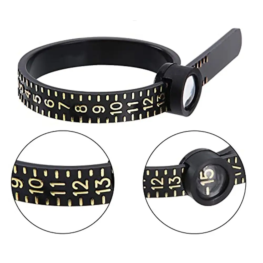 Medidor de anillos de plástico para Reino Unido, EE. UU., UE, HK, con lupa, regla de anillo, medidor de dedo, herramienta de medición de anillos, herramienta de medición de joyería