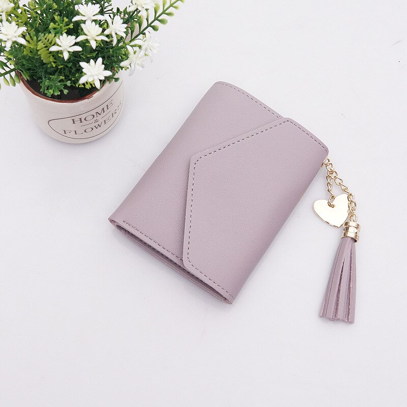 Women Tassel Love Heart Mini Wallets Black Pu Leather Coin Purse Simple All-match Student Card Holdeer Bag: Tassel Light Purple