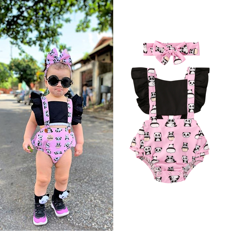 recién verano bebé Infante niñas Bodysuits vincha 2 uds Animal Print Ruffles manga corta monos