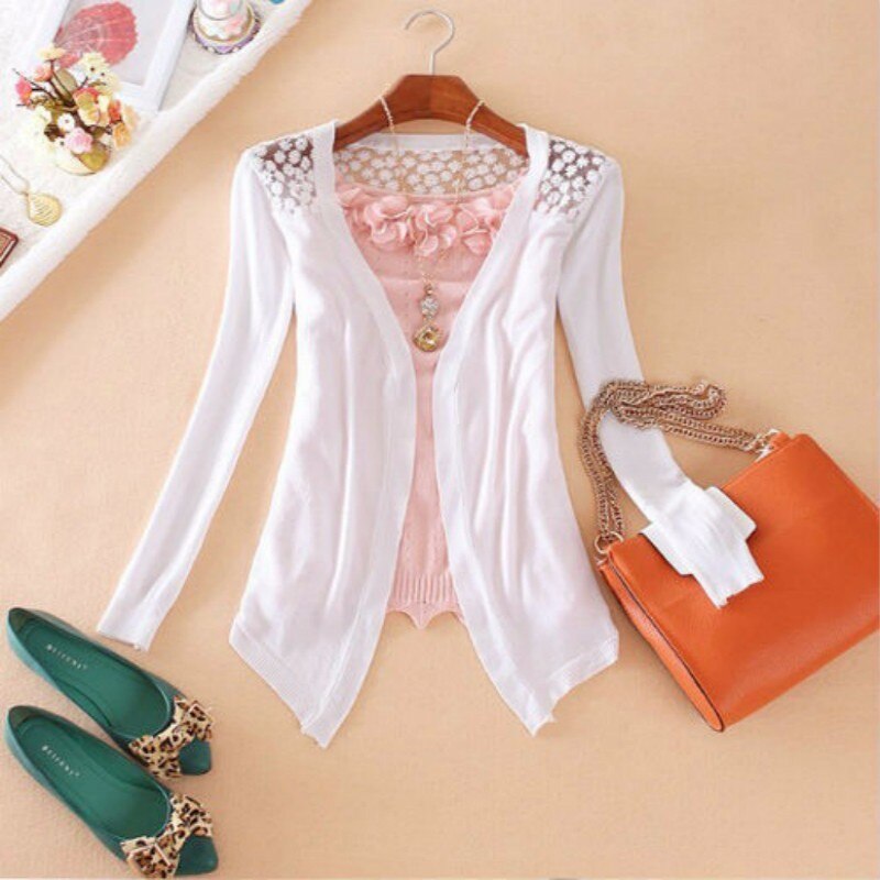 Vrouwen Lady Hollow Kant Gebreide Sweet Candy Kleur Crochet Knit Blouse Top Coat Trui Vest Lange Mouwen Slanke Dunne Out jas