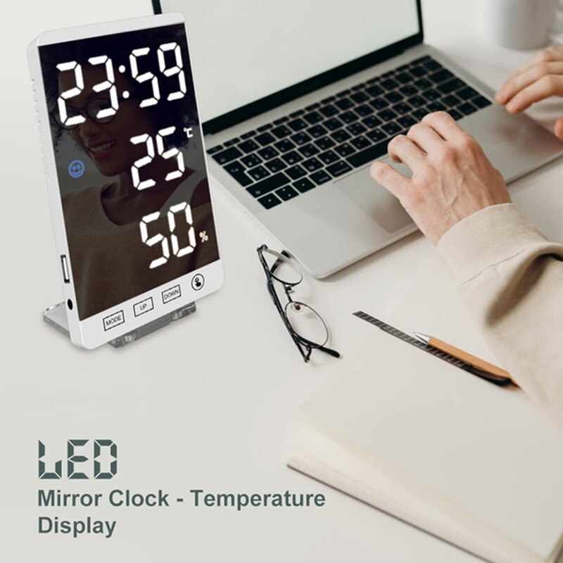 Reloj despertador Digital, estación meteorológica con termómetro, higrómetro de humedad, pantalla de espejo para mesita de noche
