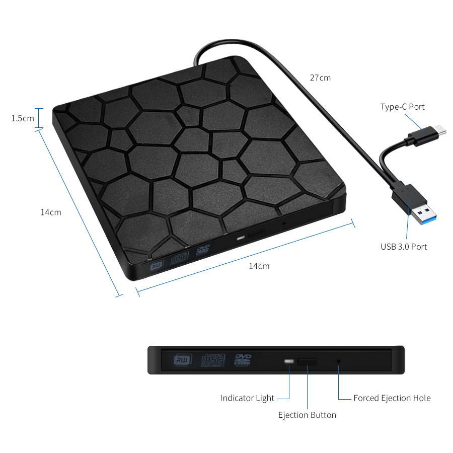 2in1 USB3.0 TypeC Slim External DVD VCD CD Writer Optical Drive Burner Reader Player Portable For Laptop PC DVD Burner DVD: Default Title
