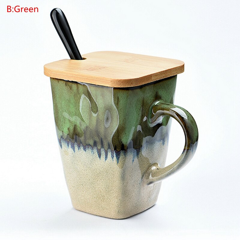Retro Personality Square Cup Ceramic Cup Large Capacity Mug With Spoon Coffee Cup Household Couple Cup Cups And Mugs: B Green