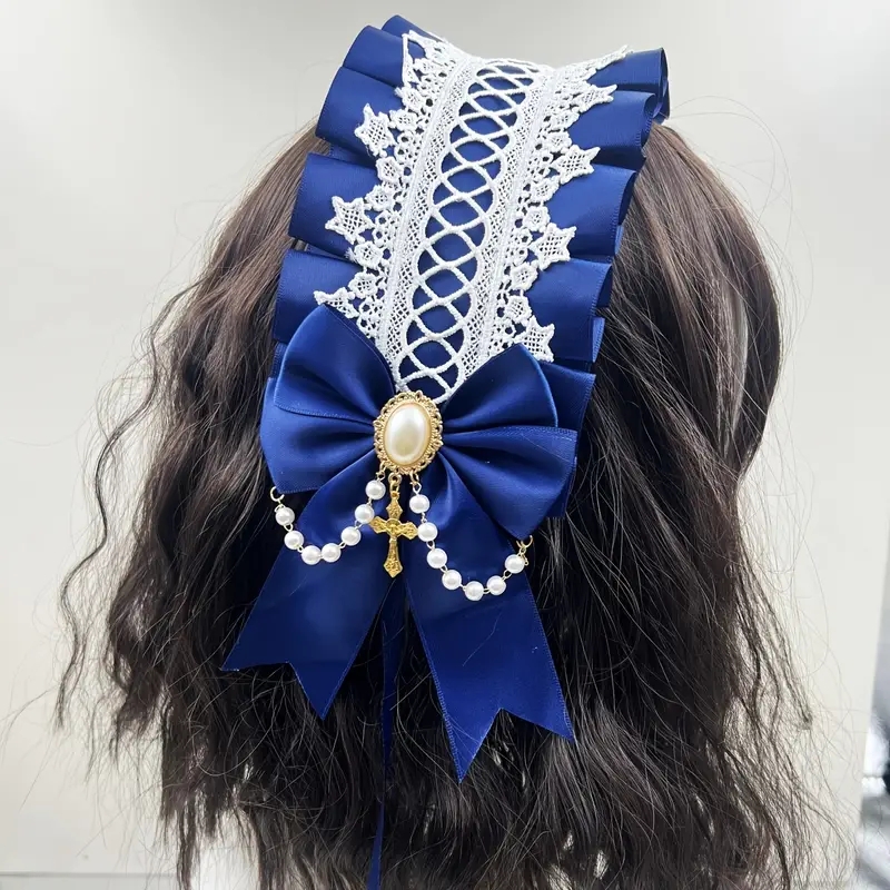 Coiffure gothique Lolita large en dentelle pour femmes, accessoires pour cheveux polyvalents faits à la main, bandeaux de Cosplay mignons, épingle à cheveux douce: Bleu profond